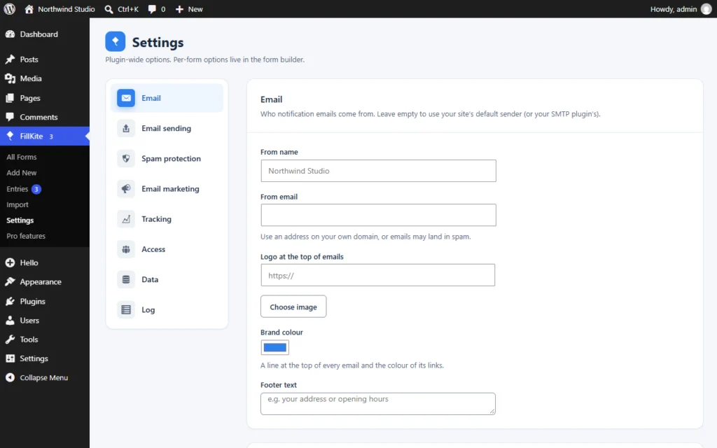 Form not sending email fix: FillKite email settings with a From address on your own domain