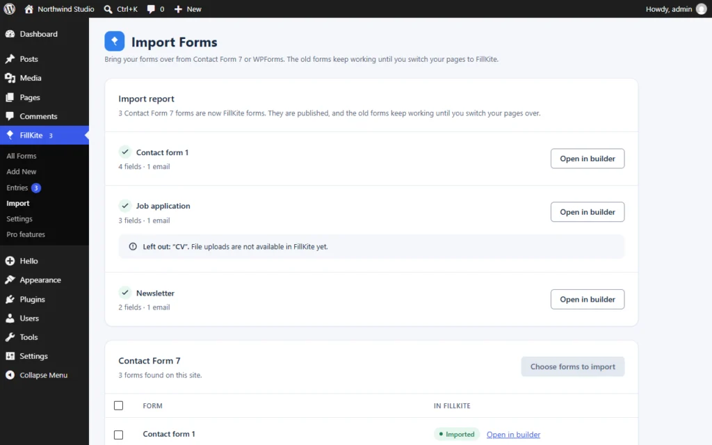 Import Contact Form 7 forms into FillKite: the import report with each form and its fields