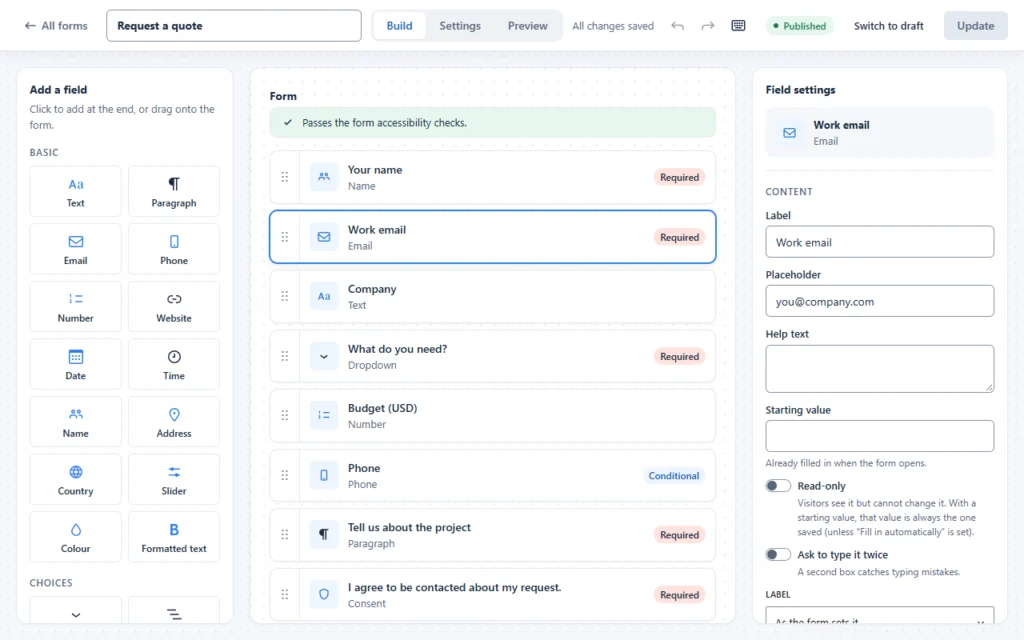 The full-screen FillKite builder: fields on the left, the form in the middle with an accessibility check, field settings on the right.