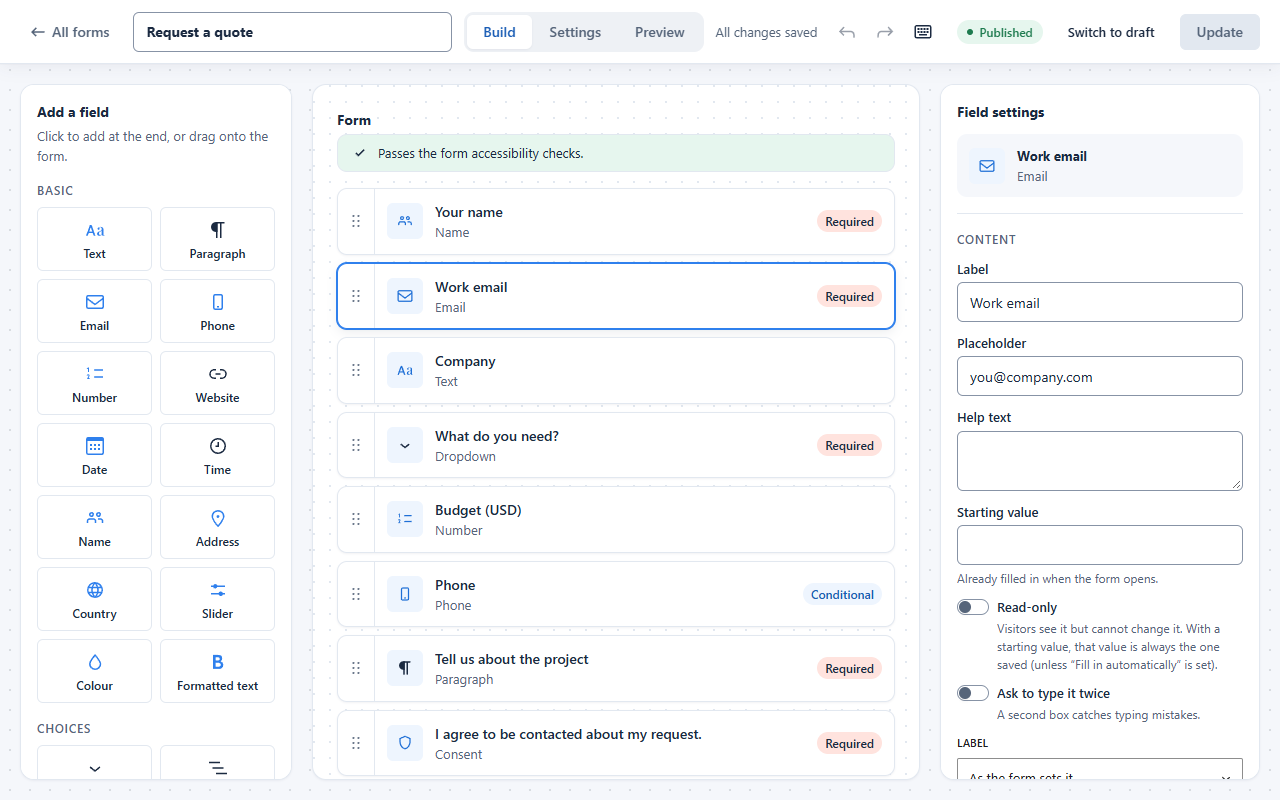 The full-screen FillKite builder: fields on the left, the form in the middle with an accessibility check, field settings on the right.