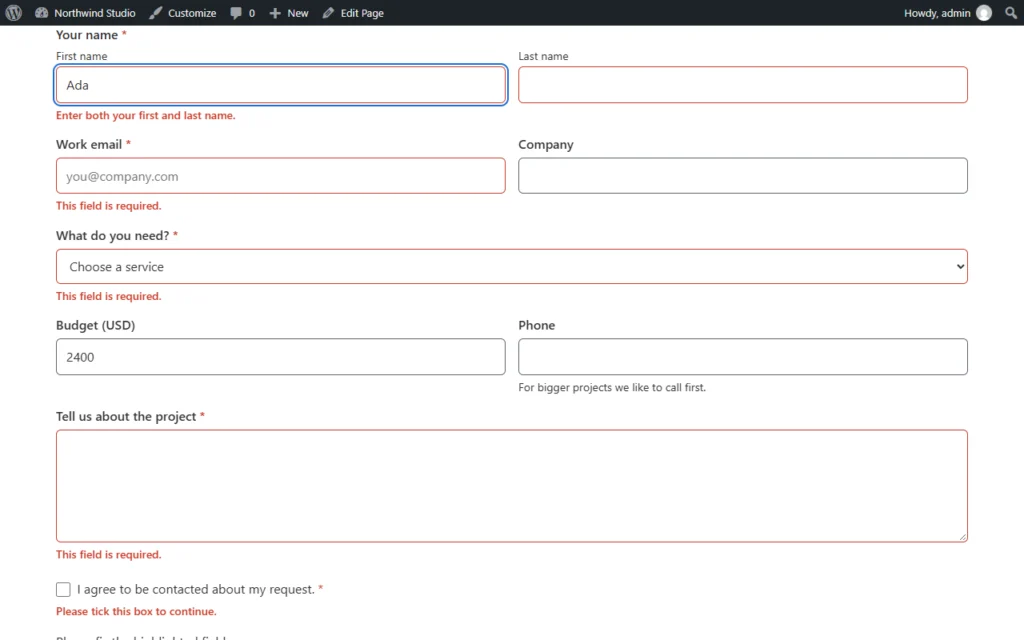 A FillKite form on the front end of a site, showing inline error messages.