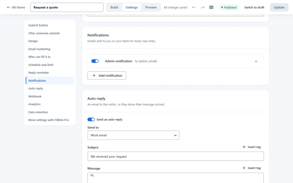 A form’s Settings tab with a section list on the left, notifications and auto-reply.