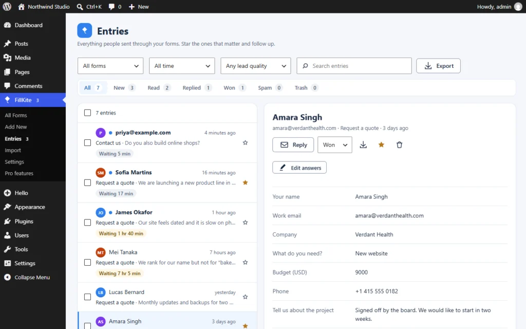 The FillKite entries inbox with status tabs, lead quality filter, reply timers, stars and an open entry with Edit answers.