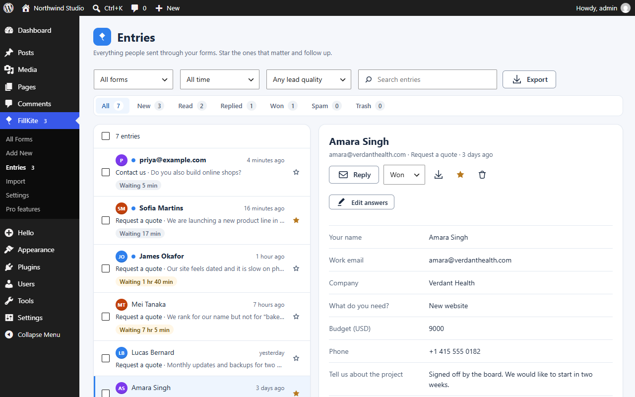 The FillKite entries inbox with status tabs, lead quality filter, reply timers, stars and an open entry with Edit answers.